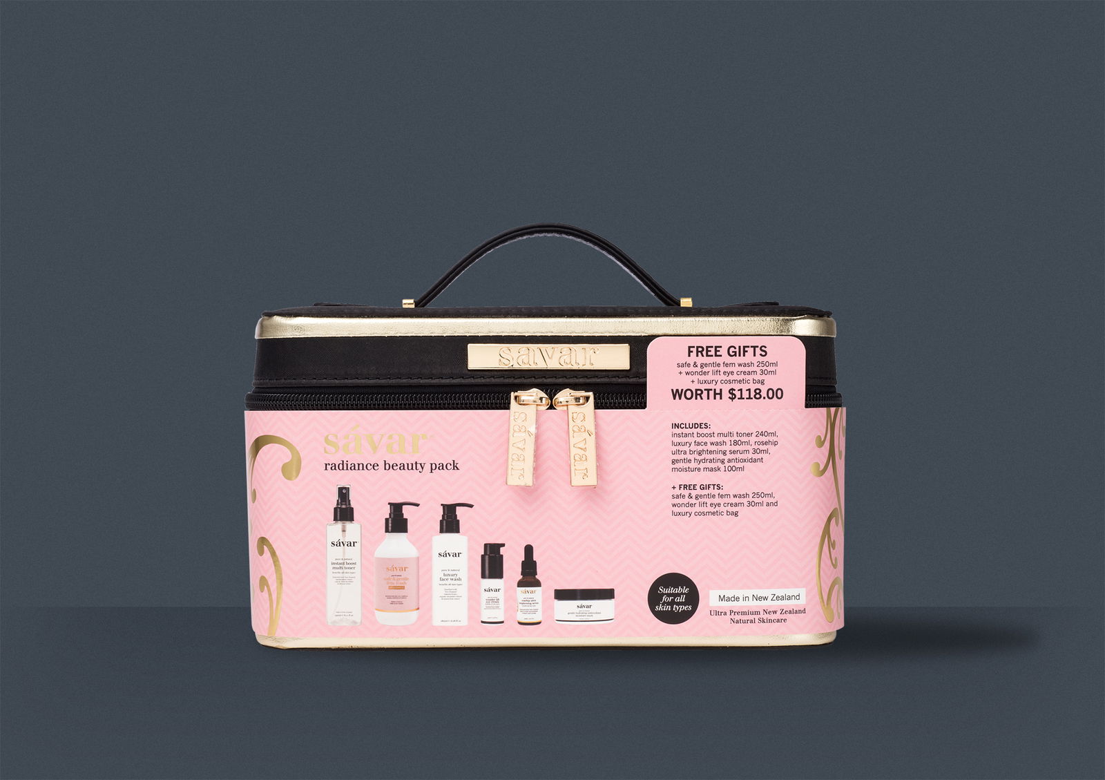 redfire-savar-skincare-packaging-design-gift-pack-marketing-nz Savar_skincare_pack_gift_bag_free_gifts_packaging_design_branding_design_product_page_Graphic_design_agency_redfire