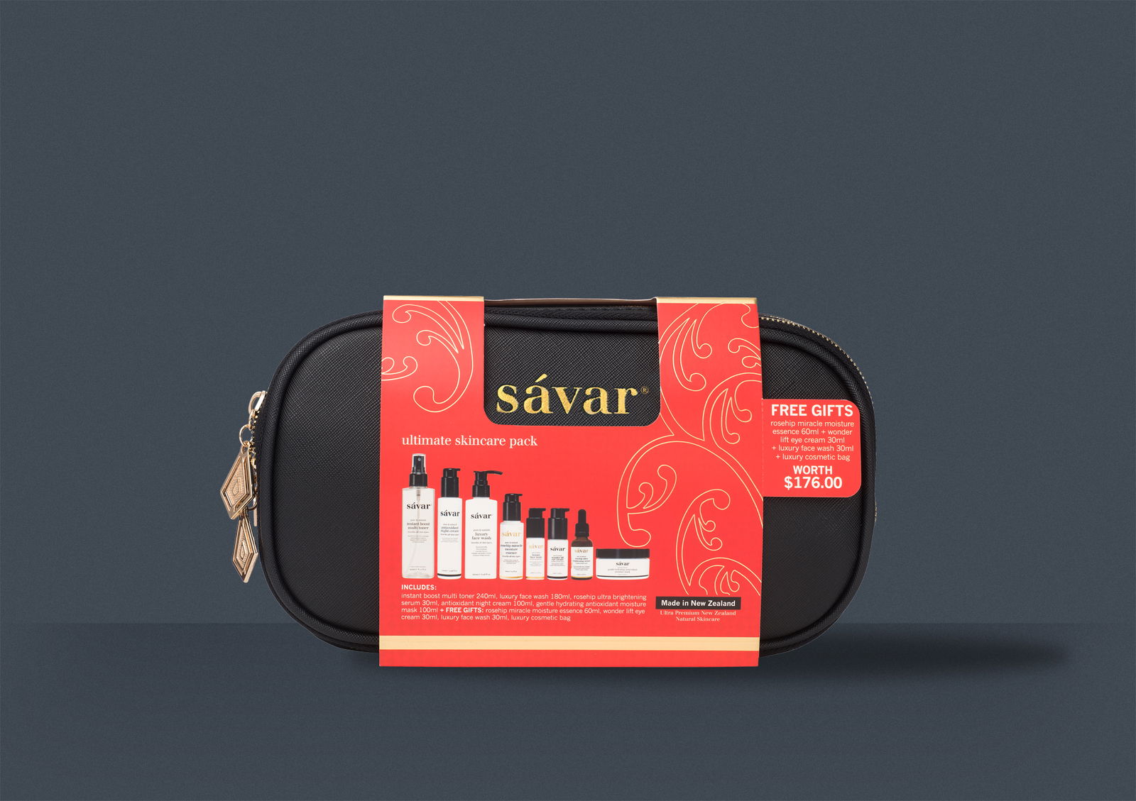 redfire-savar-skincare-packaging-design-gift-pack-nz Savar_skincare_pack_gift_bag_free_gifts_packaging_design_branding_design_product_page_Graphic_design_agency_redfire